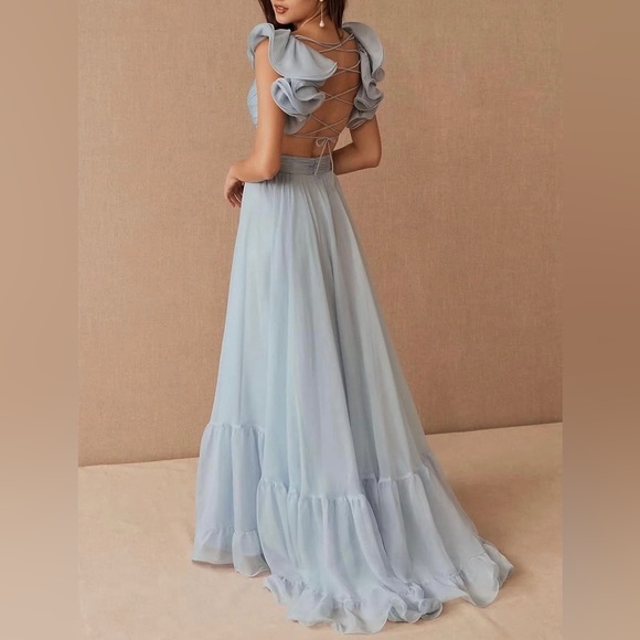 Dresses Light Blue Ruffle Maxi Backless Formal Prom Wedding Guest